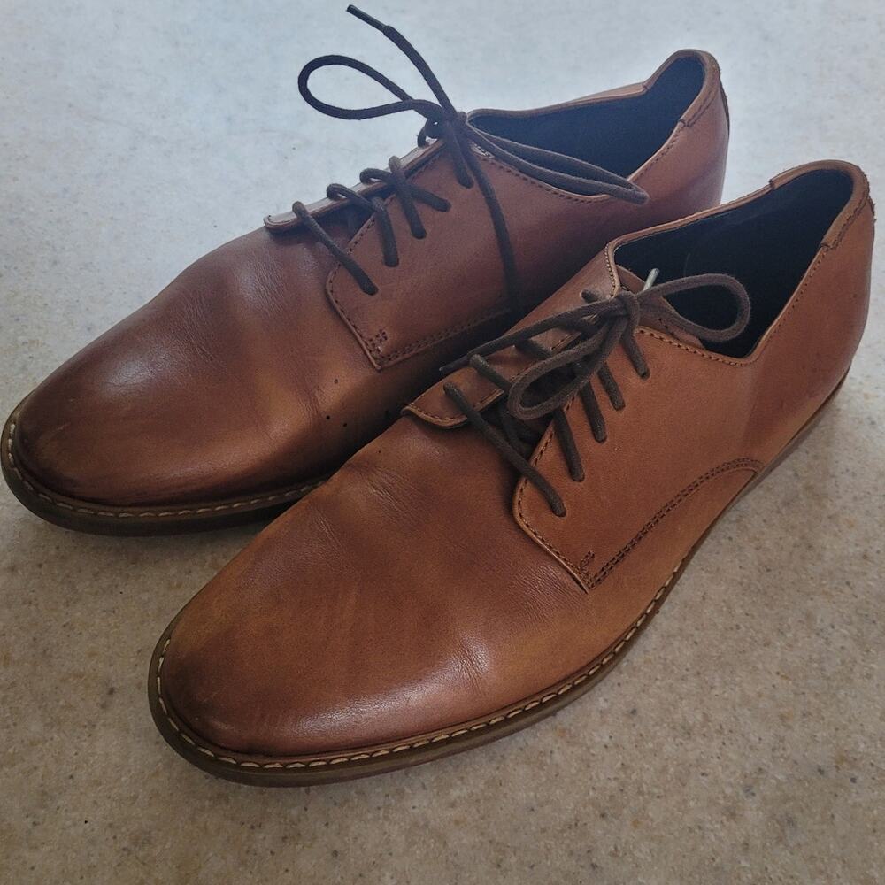 Men’s Brown Leather Derby Shoes 9.5 Cognac Plain Toe Dress Casual Lace Up